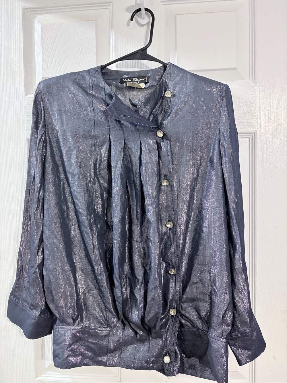 Salvatore Ferragamo Iridescent Navy-Purple Pleated Button-Front Blouse